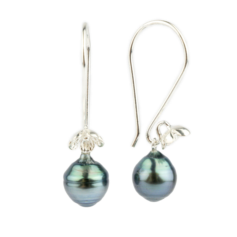 Indigo Circled Tahitian Pearl Hibiscus Hook Earrings