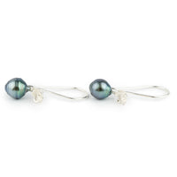 Indigo Circled Tahitian Pearl Hibiscus Hook Earrings