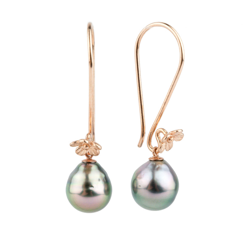 Pink-Green Circled Tahitian Pearl Hibiscus Rose Gold Vermeil Hook Earrings
