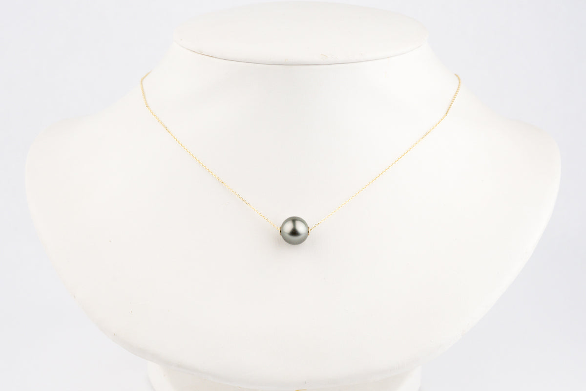 Stormy Blue-Green 9.4mm Pearl Solitaire Necklace on 14K Yellow Gold