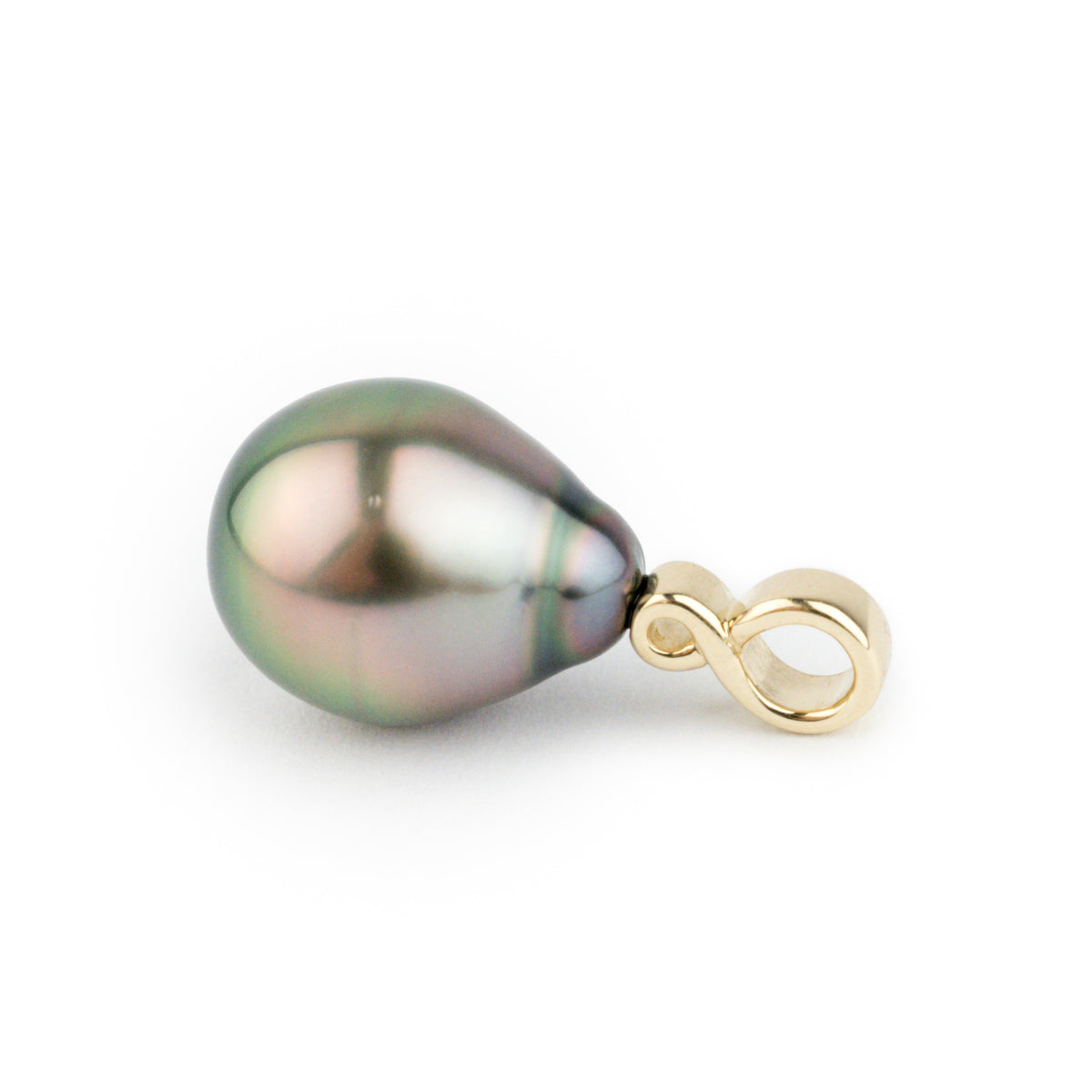 Pink Peacock 10.8mm Drop Tahitian Pearl Infinity Pendant on 14K Yellow Gold