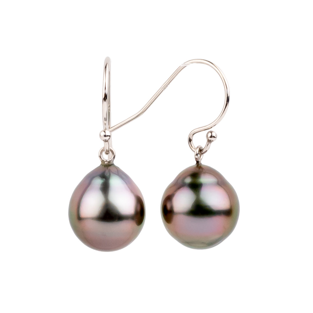 Fiery Fuchsia Drop Tahitian Pearl Dangle Earrings on 14K White Gold