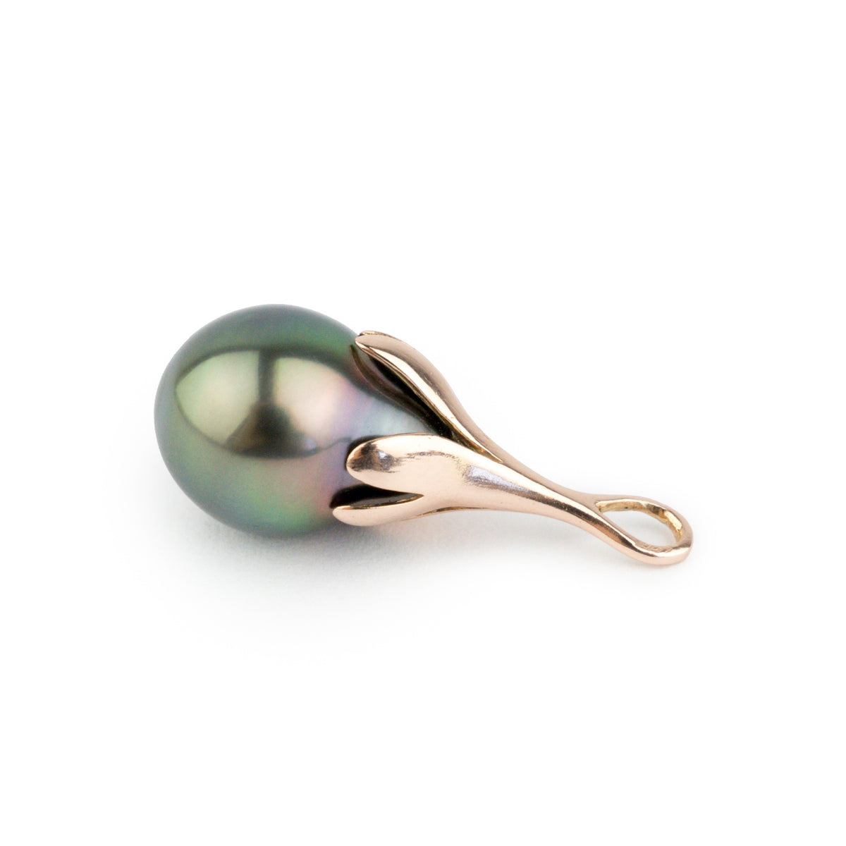 Bright Green 10.4mm Rainbow Drop Tahitian Pearl Pendant on 14K Rose Gold