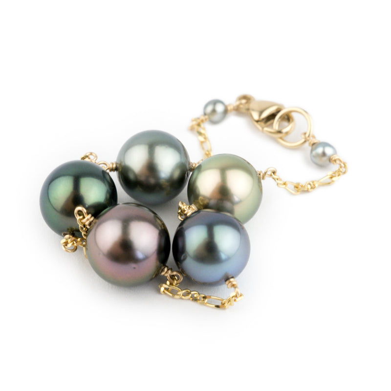 Five Flash Tahitian Pearl Tin Cup Bracelet on 14K Yellow Gold