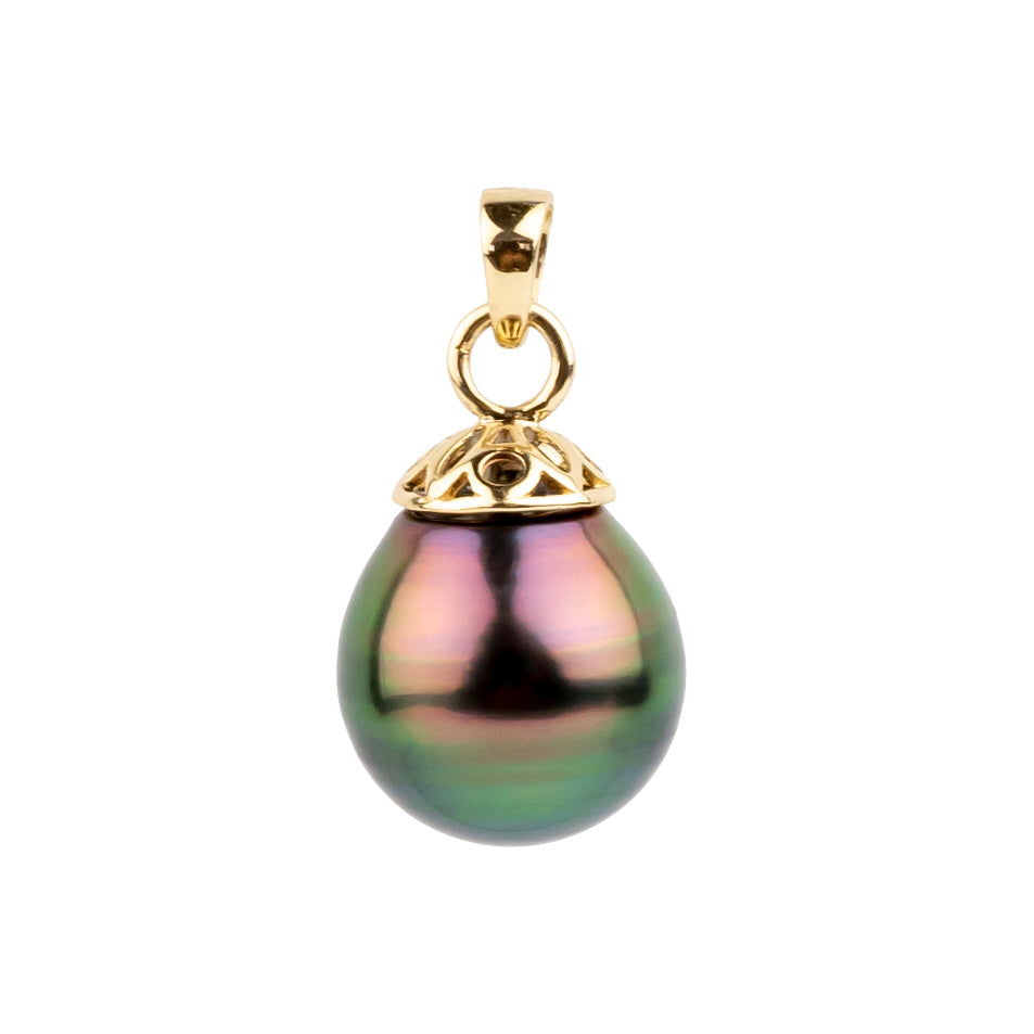 Metallic Plum Peacock 10.5mm Tahitian Pearl Filigree Pendant