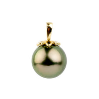 Aubergine Green 9.8mm Tahitian Pearl Marguerite Pendant on 14K Yellow Gold