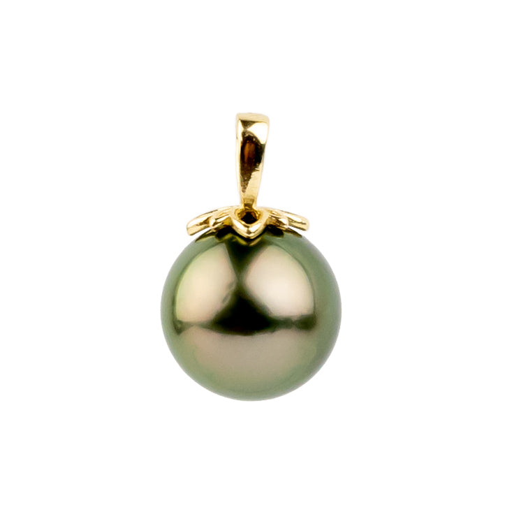 Aubergine Green 9.8mm Tahitian Pearl Marguerite Pendant on 14K Yellow Gold
