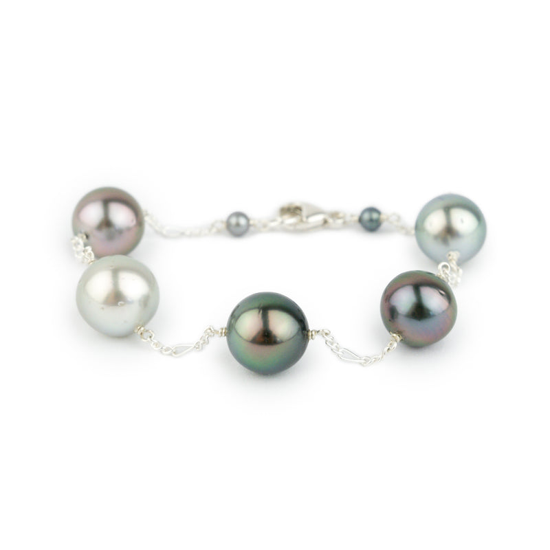 Multi-Colored Tahitian Pearl Tin Cup Bracelet on Sterling Silver