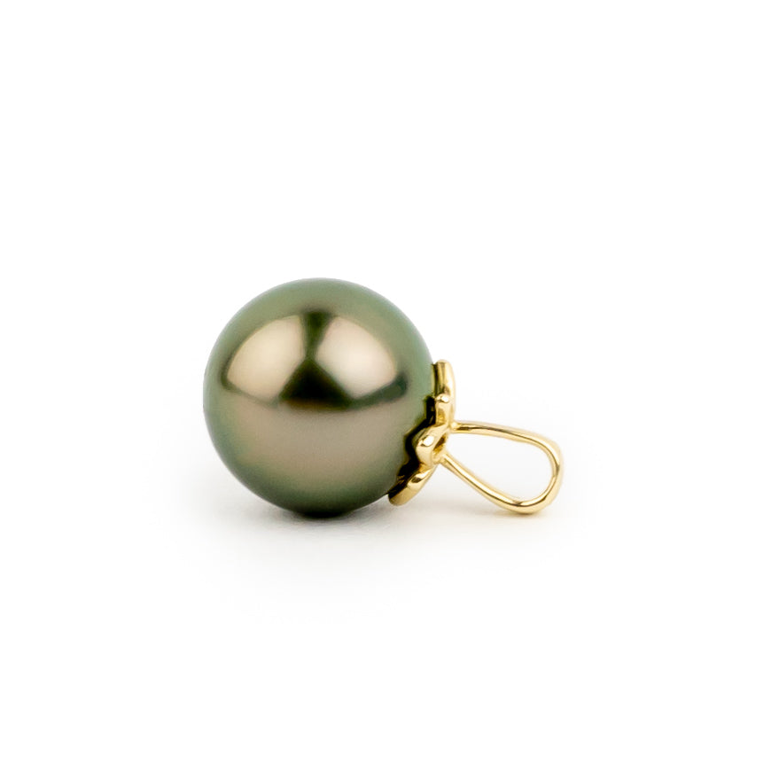 Aubergine Green 9.8mm Tahitian Pearl Marguerite Pendant on 14K Yellow Gold