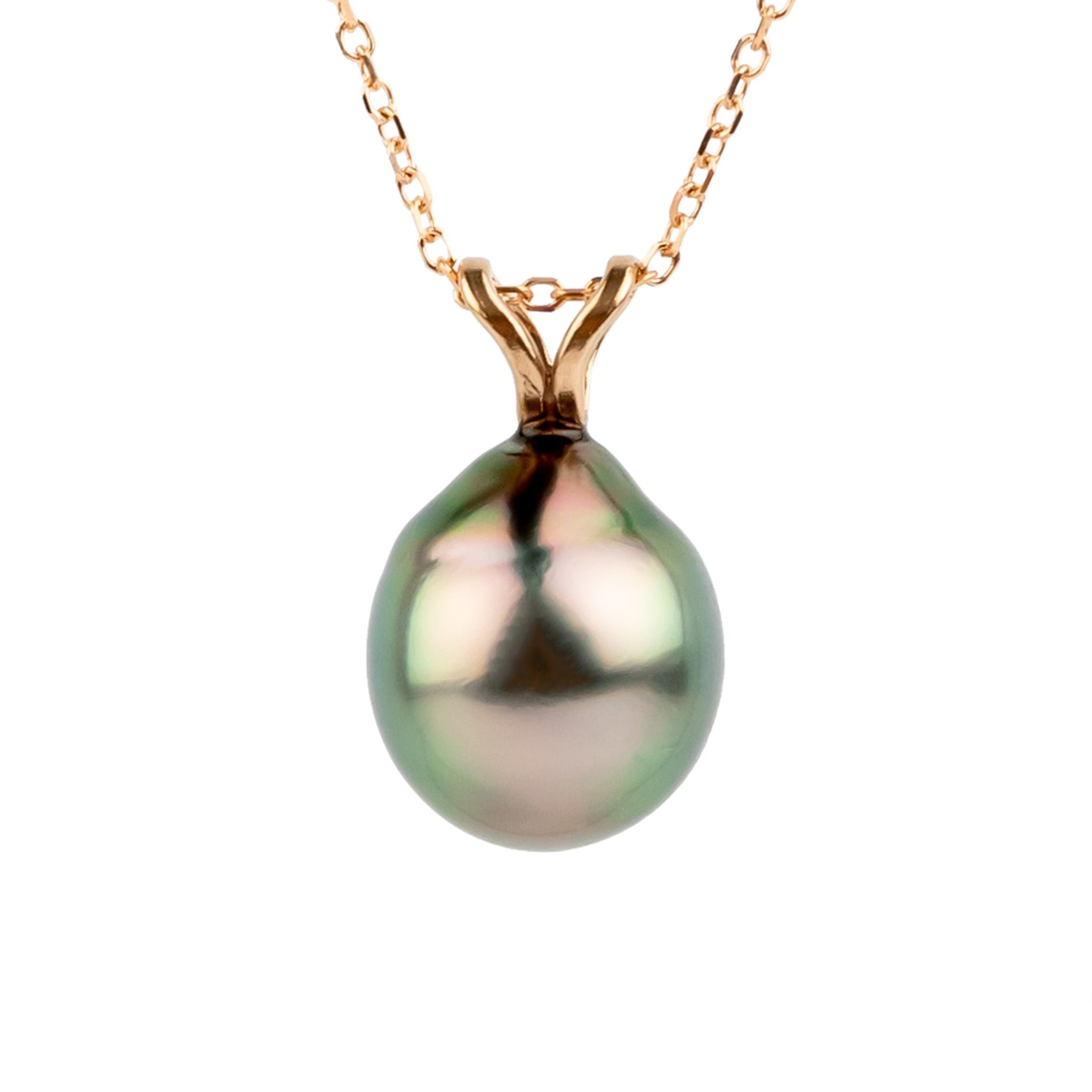 Vibrant Pink Green 9.1mm Tahitian Pearl I'a Necklace on 14K Rose Gold