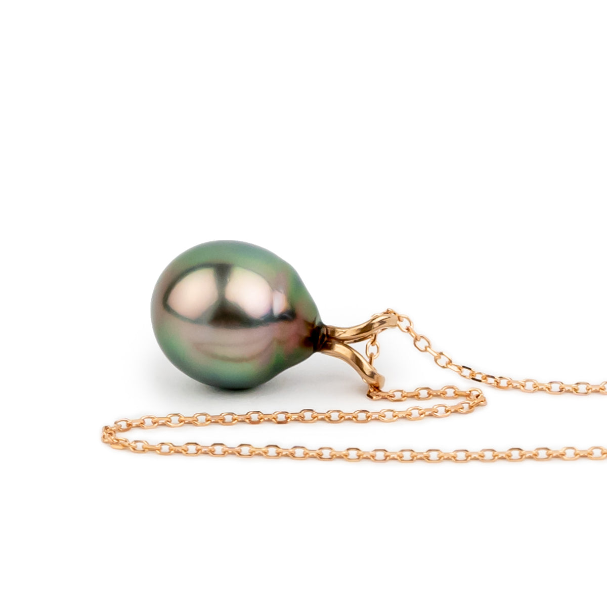 Vibrant Pink Green 9.1mm Tahitian Pearl I'a Necklace on 14K Rose Gold