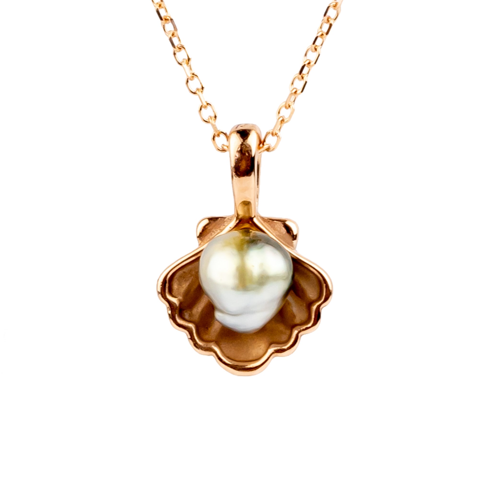 Tahitian Keshi Pearl 14K Rose Gold Seashell Necklace