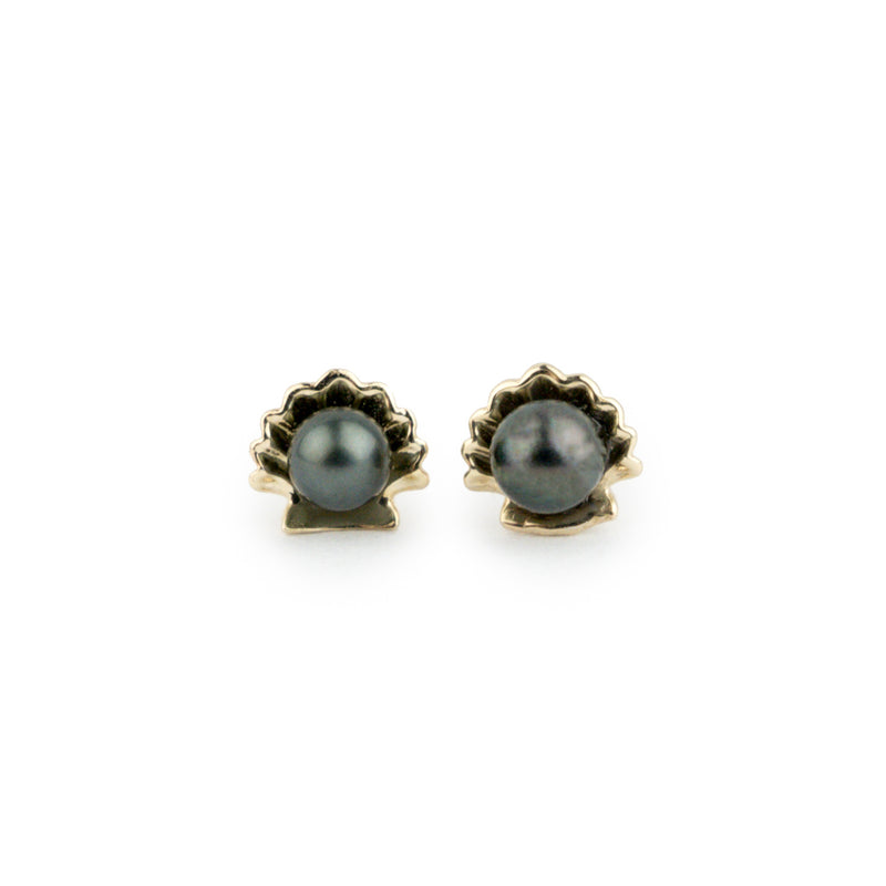 Dark Green Keshi Pearl Seashell Stud Earrings