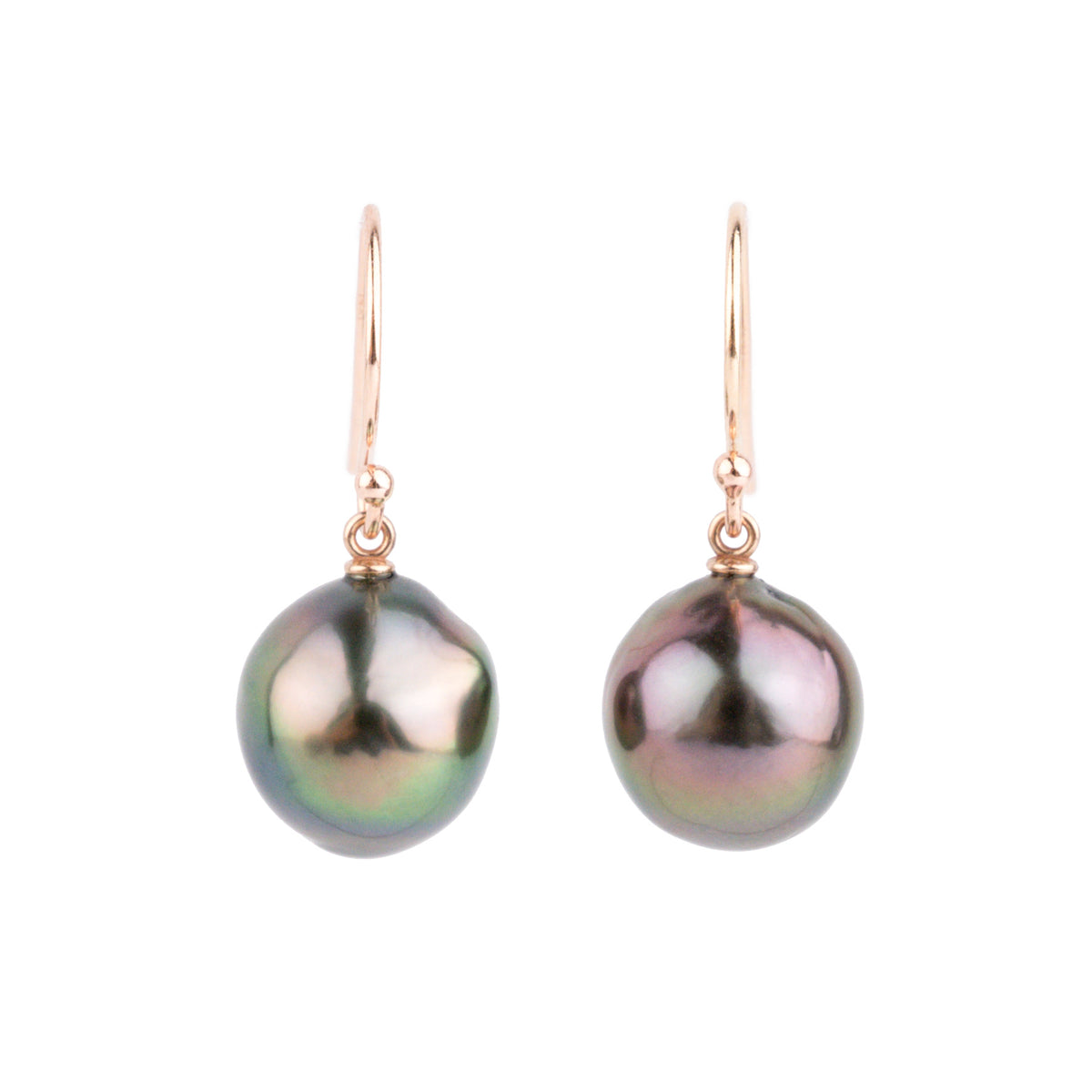 Aubergine Peacock Baroque Tahitian Pearl Dangle Earrings on 14K Rose Gold