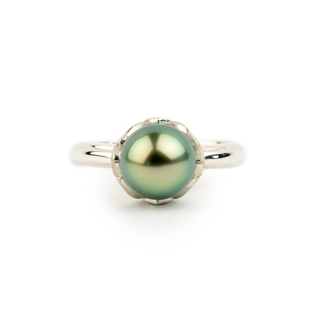 Spring Green Rosebud Tahitian Pearl Ring on Sterling Silver