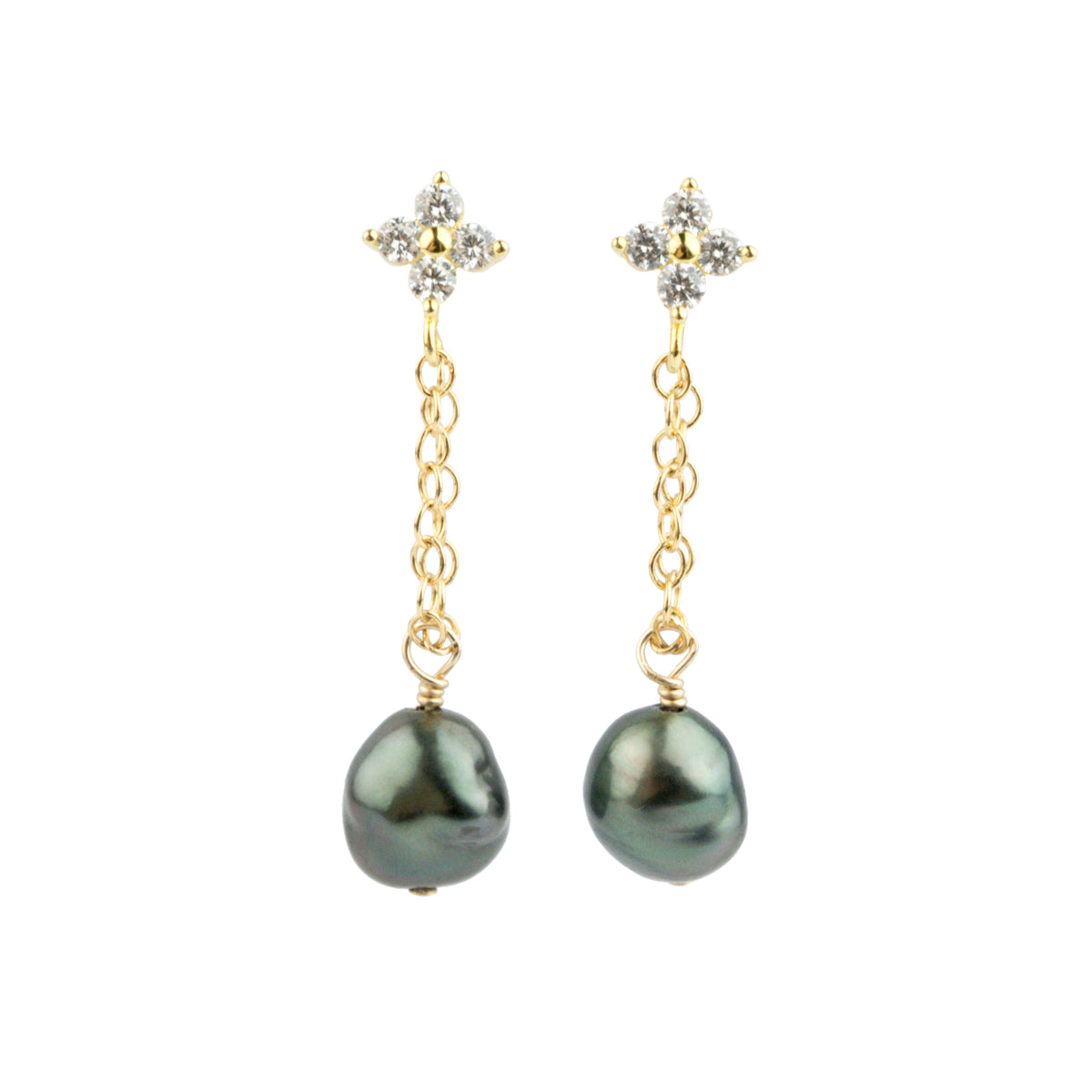 Tahitian Keshi Pearl & CZ Flower Chain Loop Earrings