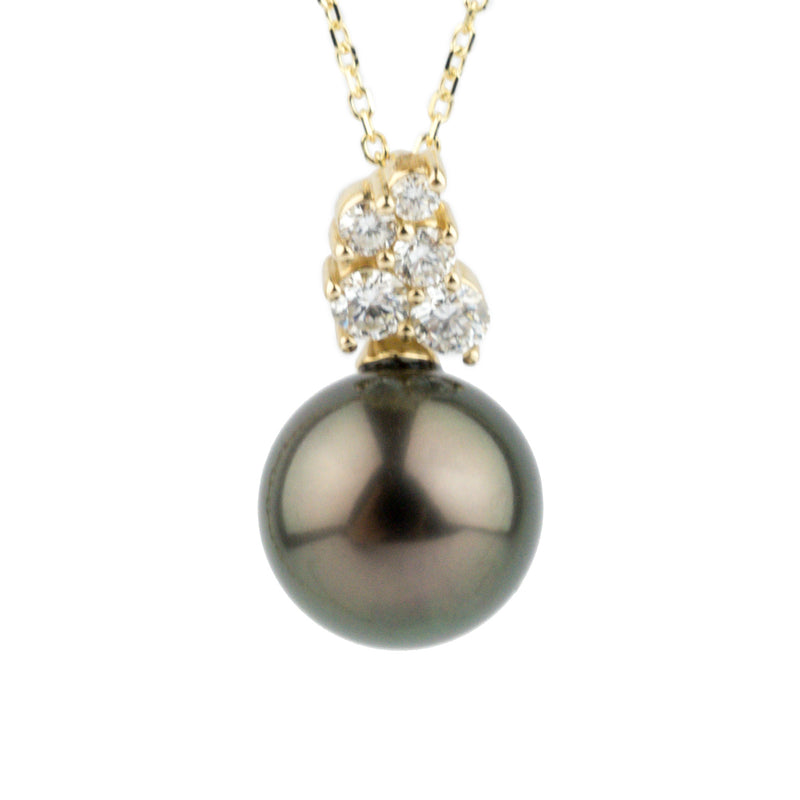 Chocolate Aubergine Tahitian Pearl & Diamond Asteria Pendant or Necklace on 14K Yellow Gold