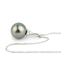 Peacock Green Tahitian Pearl & Diamond Toru Necklace on 14K White Gold