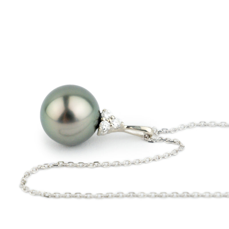 Peacock Green Tahitian Pearl & Diamond Toru Necklace on 14K White Gold