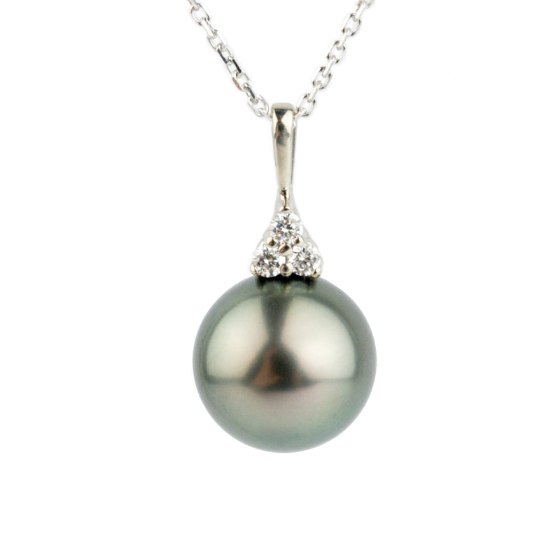 Peacock Green Tahitian Pearl & Diamond Toru Necklace on 14K White Gold