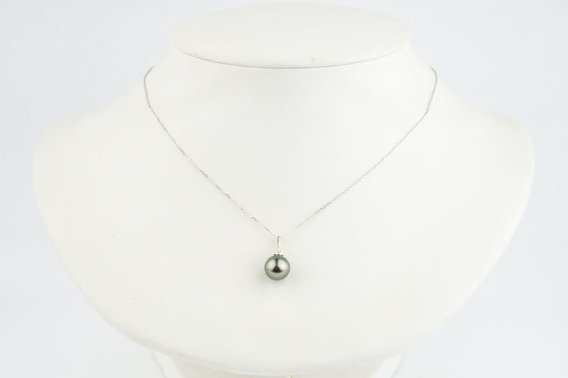 Peacock Green Tahitian Pearl & Diamond Toru Necklace on 14K White Gold
