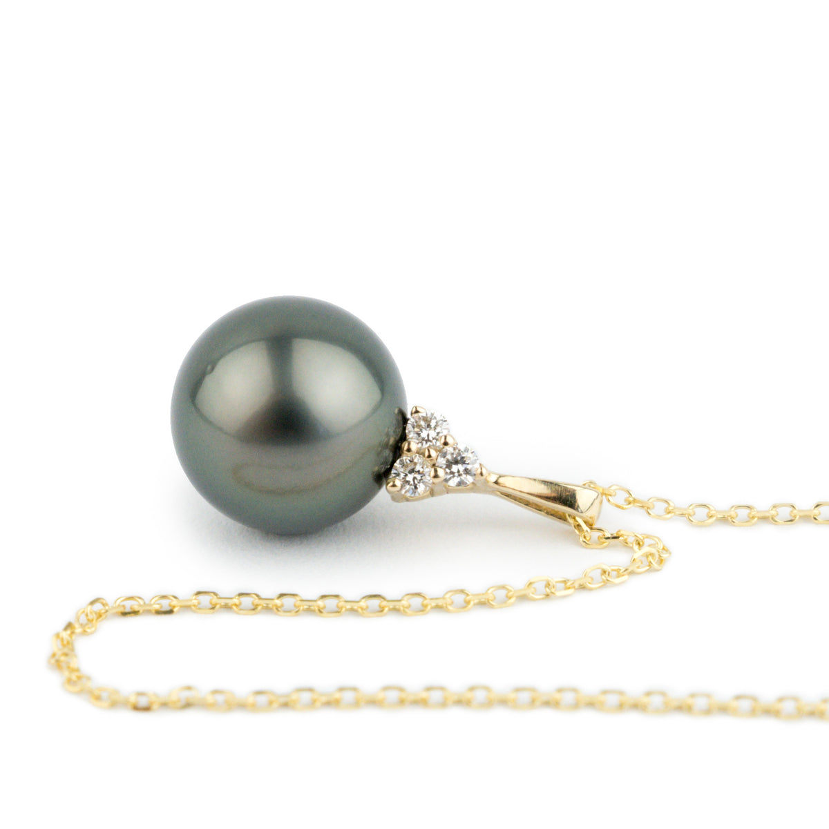 Deep Green Tahitian Pearl & Diamond Toru Necklace on 14K Yellow Gold