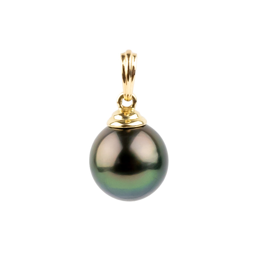 Dark Rainbow 10.8mm Tahitian Pearl Beehive Pendant on 14k Yellow Gold