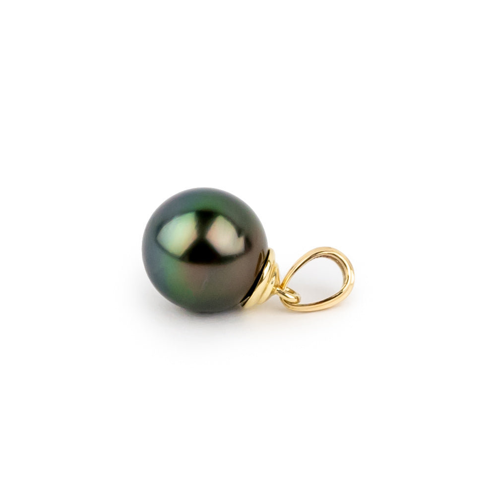 Dark Rainbow 10.8mm Tahitian Pearl Beehive Pendant on 14k Yellow Gold