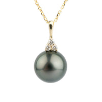 Deep Green Tahitian Pearl & Diamond Toru Necklace on 14K Yellow Gold