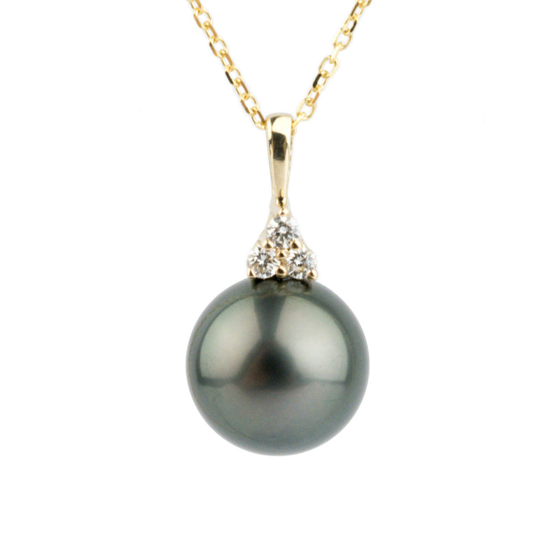 Deep Green Tahitian Pearl & Diamond Toru Necklace on 14K Yellow Gold