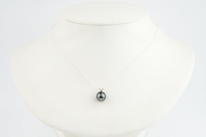Deep Indigo 9mm Tahitian Pearl I'a Necklace on Sterling Silver
