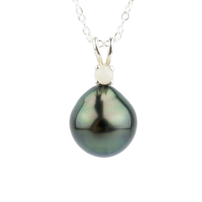 Tahitian Pearl & Opal Indigo-Green Étoile Necklace on Sterling Silver