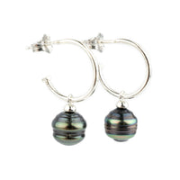 Indigo-Green Circled Tahitian Pearl Hoop Earrings on Sterling Silver