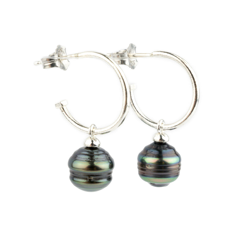 Indigo-Green Circled Tahitian Pearl Hoop Earrings on Sterling Silver
