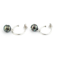 Indigo-Green Circled Tahitian Pearl Hoop Earrings on Sterling Silver