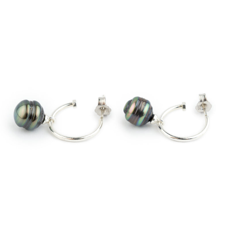 Indigo-Green Circled Tahitian Pearl Hoop Earrings on Sterling Silver