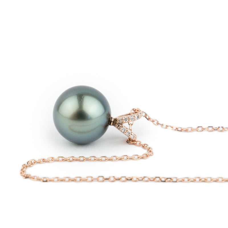 Indigo-Green Tahitian Pearl & Diamond Hoa Necklace on 14K Rose Gold