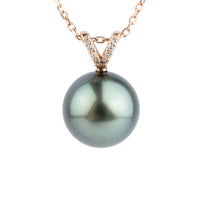 Indigo-Green Tahitian Pearl & Diamond Hoa Necklace on 14K Rose Gold