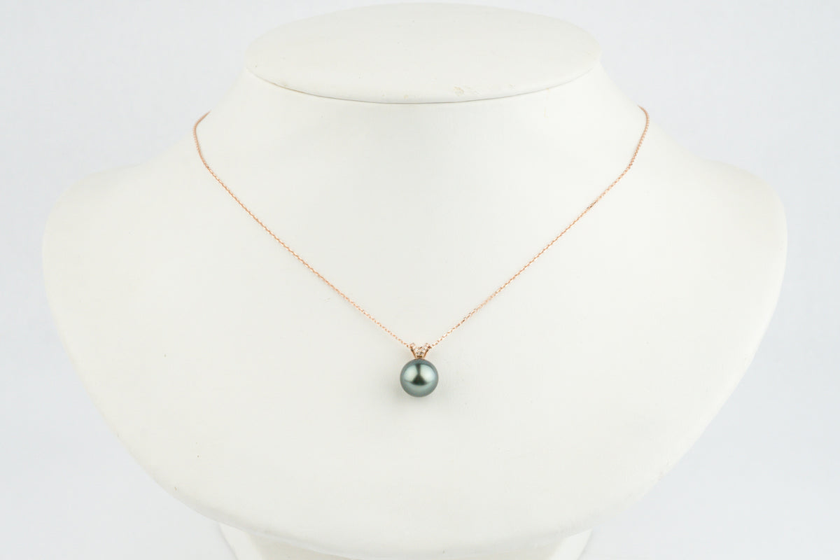 Indigo-Green Tahitian Pearl & Diamond Hoa Necklace on 14K Rose Gold