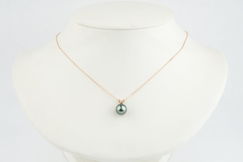 Indigo-Green Tahitian Pearl & Diamond Hoa Necklace on 14K Rose Gold