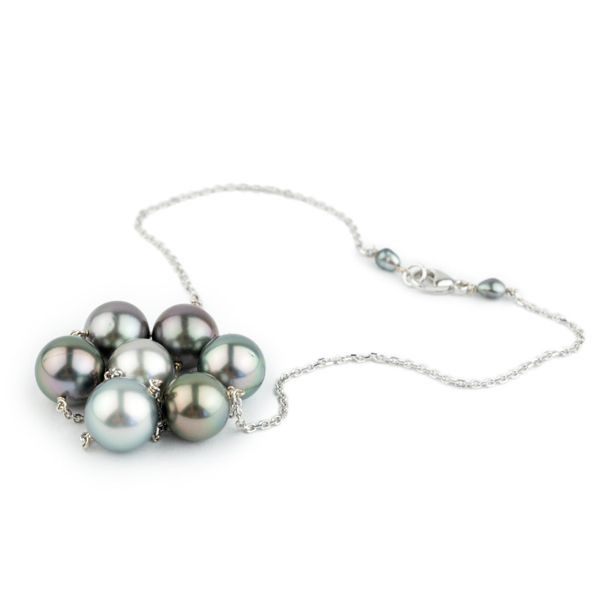 Silvery Blue-Pink Tahitian Pearl Tin-Cup Necklace on 14k White Gold