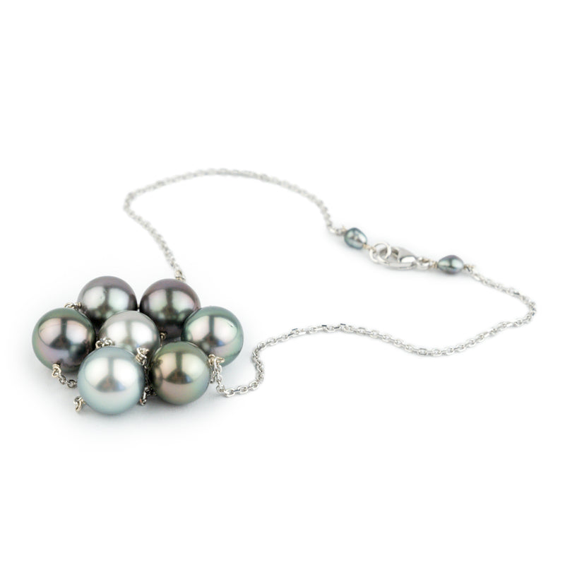 Silvery Blue-Pink Tahitian Pearl Tin-Cup Necklace on 14k White Gold