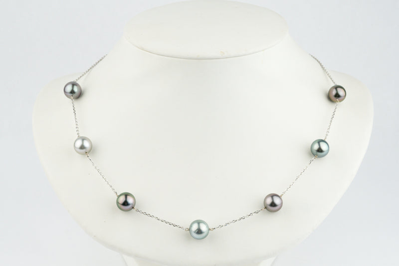 Silvery Blue-Pink Tahitian Pearl Tin-Cup Necklace on 14k White Gold