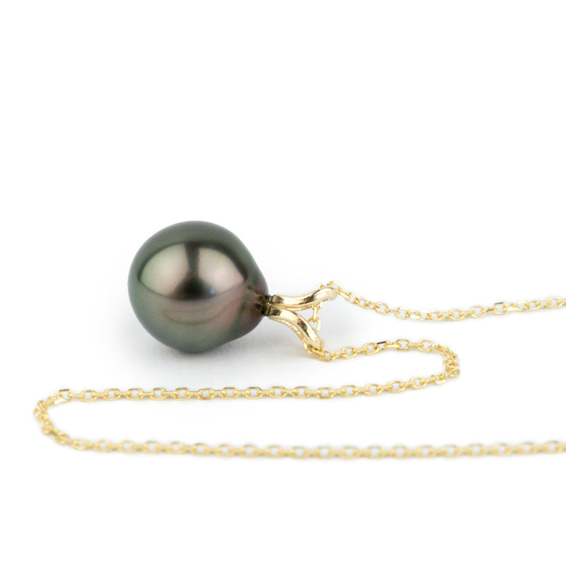 Aubergine Peacock 9.4mm Tahitian Pearl I'a Necklace on 14K Yellow Gold