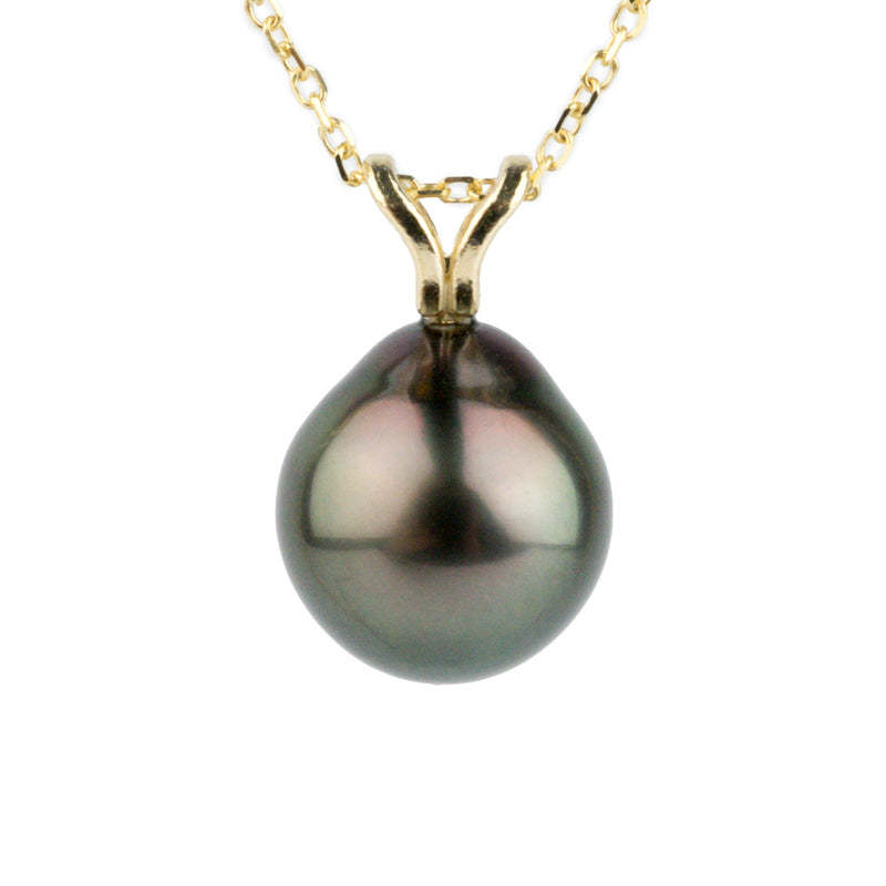 Aubergine Peacock 9.4mm Tahitian Pearl I'a Necklace on 14K Yellow Gold