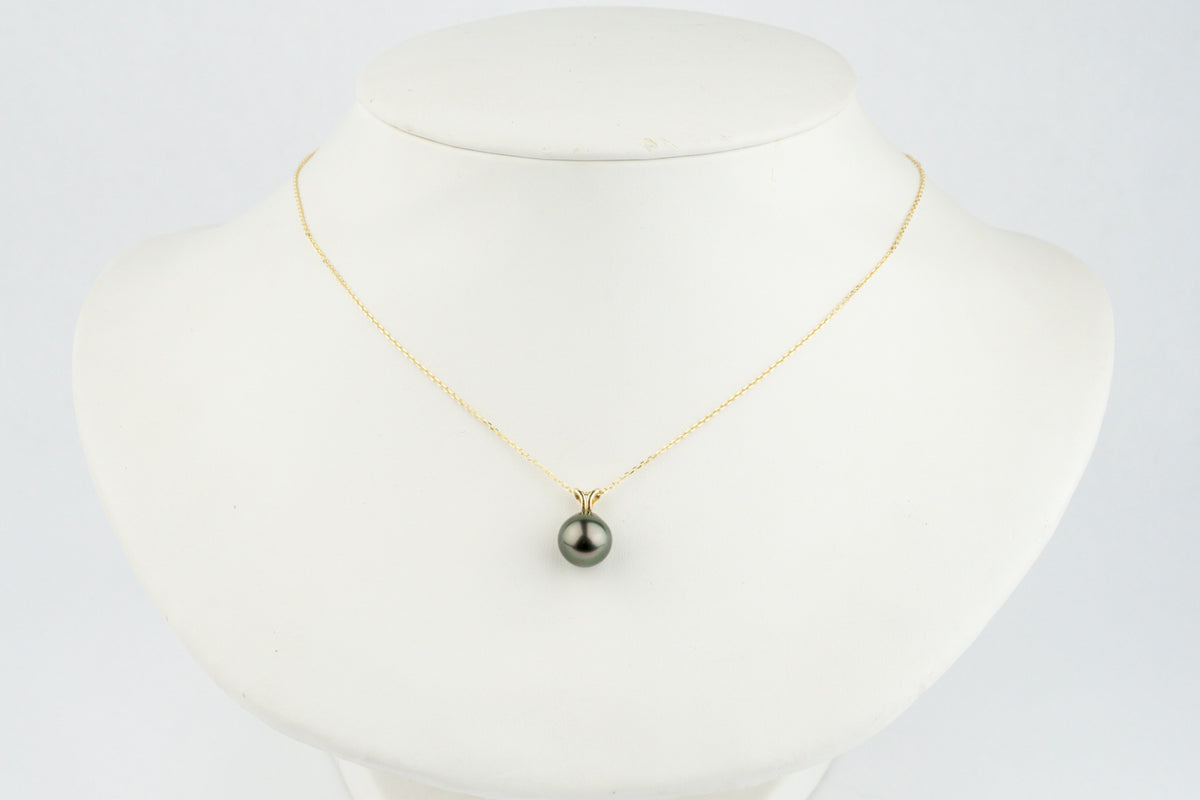 Aubergine Peacock 9.4mm Tahitian Pearl I'a Necklace on 14K Yellow Gold
