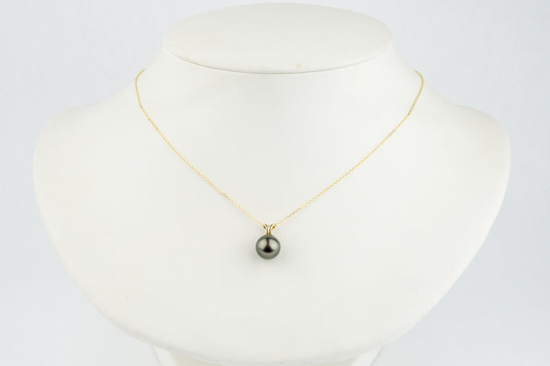 Aubergine Peacock 9.4mm Tahitian Pearl I'a Necklace on 14K Yellow Gold