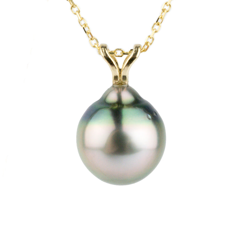 Pink-Green 9.8mm Tahitian Pearl I'a Necklace on 14K Yellow Gold
