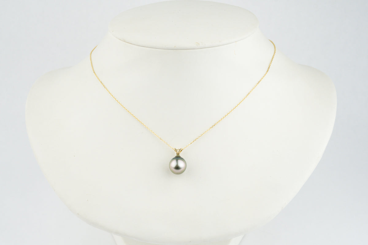 Pink-Green 9.8mm Tahitian Pearl I'a Necklace on 14K Yellow Gold