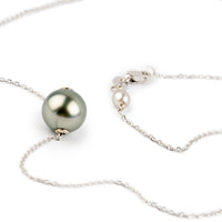 Pale Silvery Green 9mm Pearl Solitaire Necklace on 14K White Gold